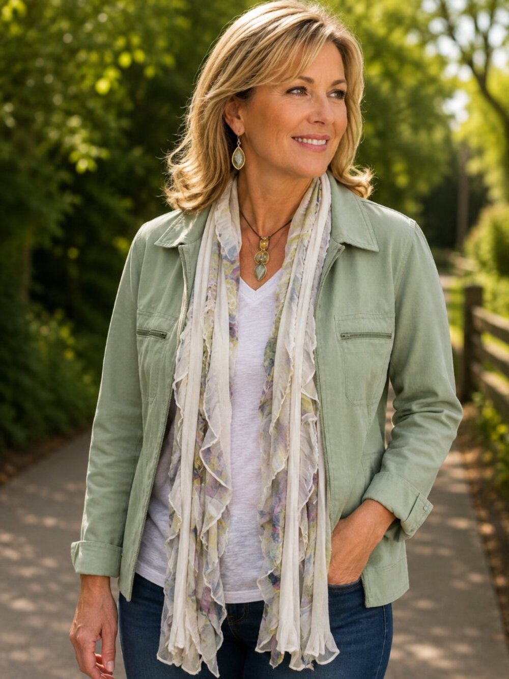 Olive Green Floral Flutter Scarf Lightweight Women Accessory